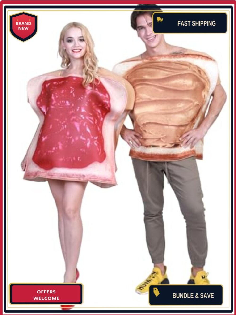 Adult PB&J Couple Costume Set 2pc Peanut Butter Jelly Toast Tunics One Size